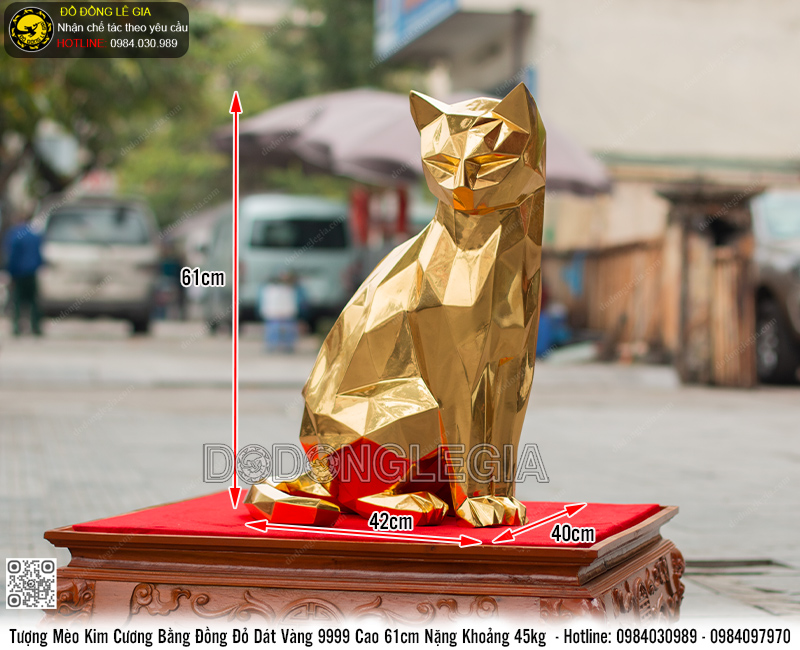 Tượng Mèo Kim Cương bằng đồng đỏ dát vàng 9999 cao 61cm