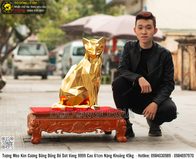 Tượng Mèo Kim Cương bằng đồng đỏ dát vàng 9999 cao 61cm