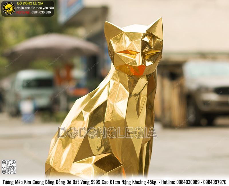 Tượng Mèo Kim Cương bằng đồng đỏ dát vàng 9999 cao 61cm