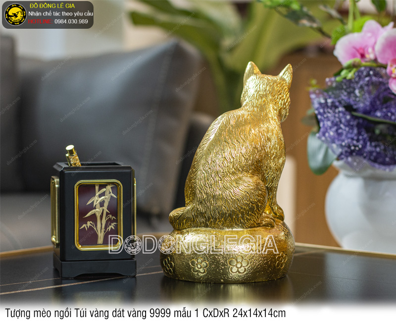 Tượng Mèo Ngồi Túi Vàng dát vàng 9999 mẫu 1 24x14x14cm