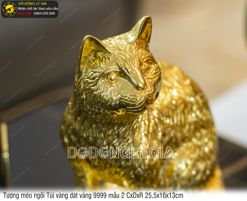 Tượng Mèo Ngồi Túi Vàng dát vàng 9999 mẫu 2 25,5x16x13cm