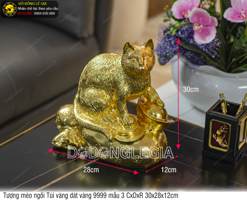 Tượng Mèo Ngồi Túi Vàng dát vàng 9999 mẫu 3 30x28x12cm