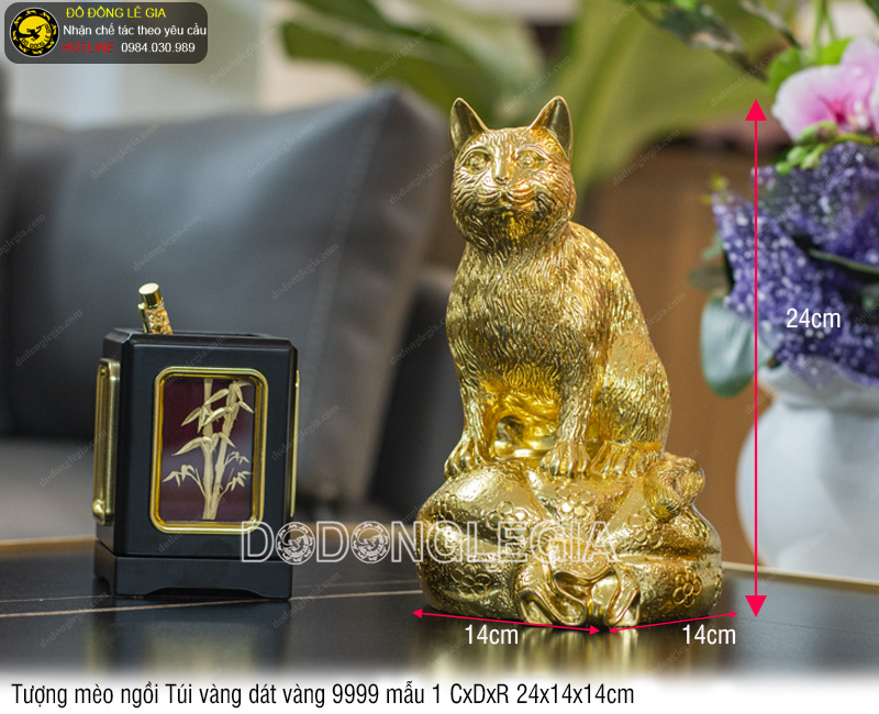 Tượng Mèo Ngồi Túi Vàng dát vàng 9999 mẫu 1 24x14x14cm