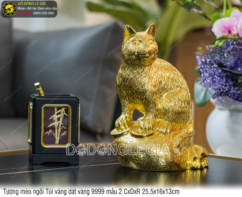 Tượng Mèo Ngồi Túi Vàng dát vàng 9999 mẫu 2 25,5x16x13cm