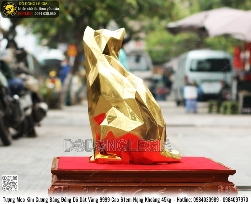 Tượng Mèo Kim Cương bằng đồng đỏ dát vàng 9999 cao 61cm