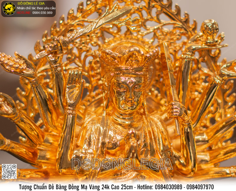 Tượng Phật Chuẩn Đề bằng đồng mạ vàng 24k cao 25cm