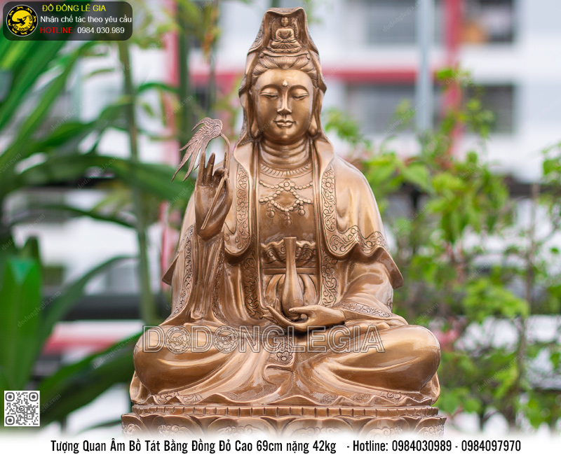 Tượng Phật Quan Âm đồng đỏ cao 69cm