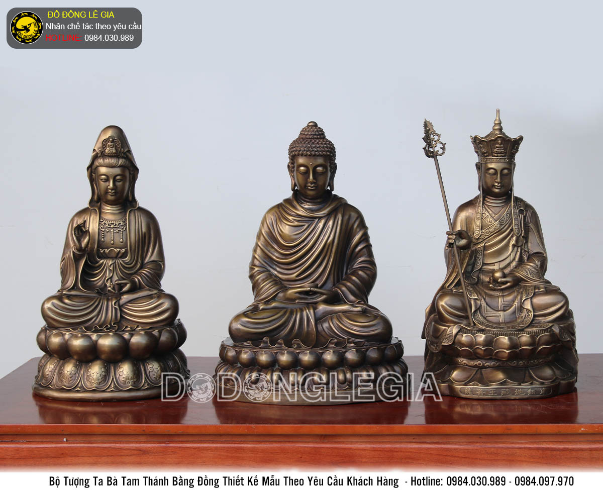 Bộ tượng Ta Bà Tam Thánh bằng đồng thau cao 48cm