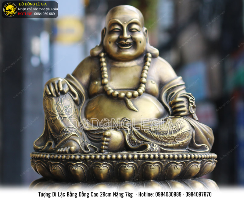 Tượng phật di lặc ngồi bệ sen bằng đồng thau cao 29cm