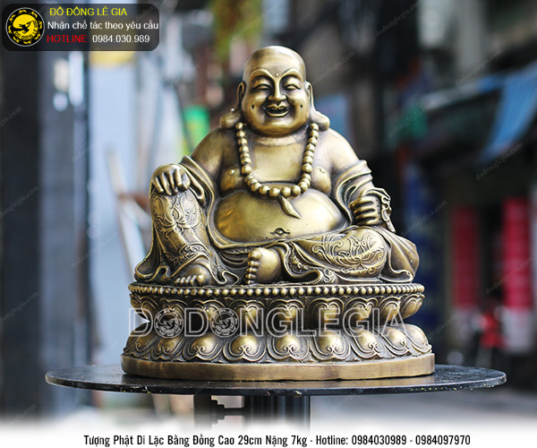 Tượng phật di lặc ngồi bệ sen bằng đồng thau cao 29cm
