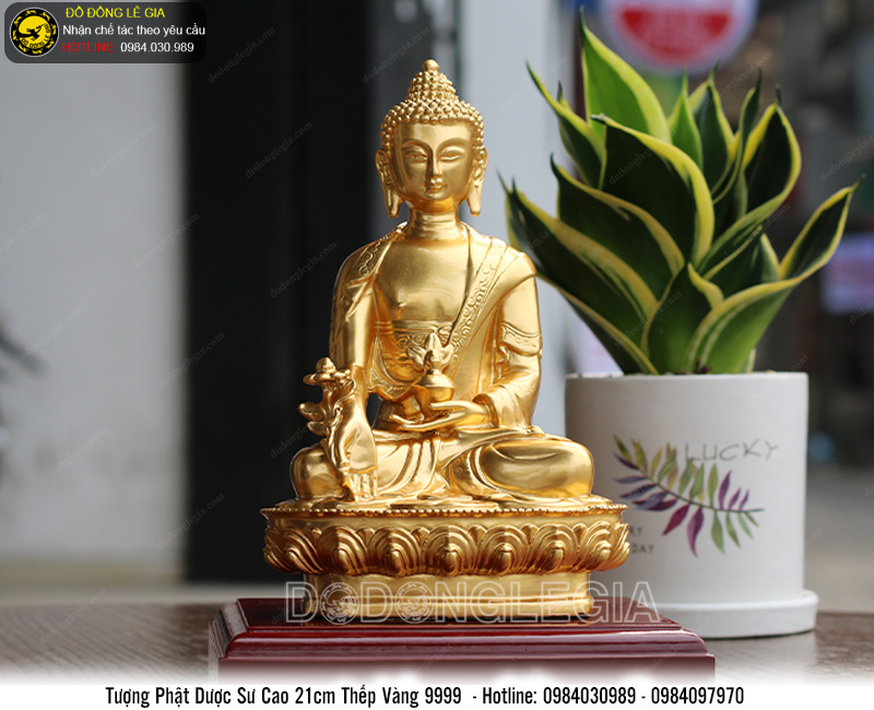 Tượng phật dược sư cao 21cm thếp vàng 9999