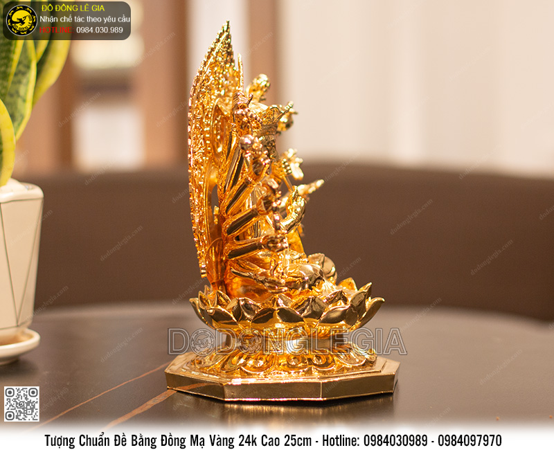 Tượng Phật Chuẩn Đề bằng đồng mạ vàng 24k cao 25cm