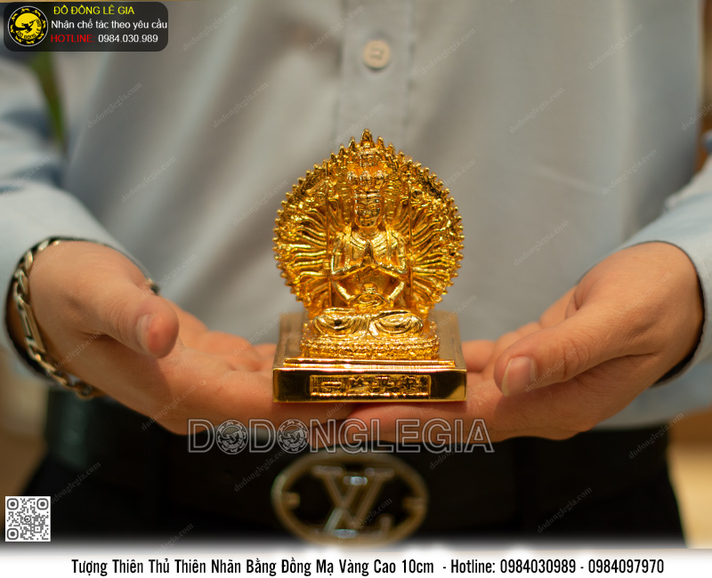 Tượng Phật Thiên Thủ Thiên Nhãn bằng đồng mạ vàng 24k cao 10cm