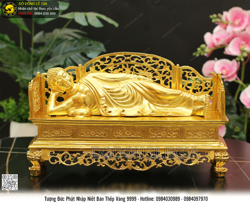 Tượng Đức Phật Niết Nhập Niết Bàn Bằng Đồng Thếp Vàng 9999