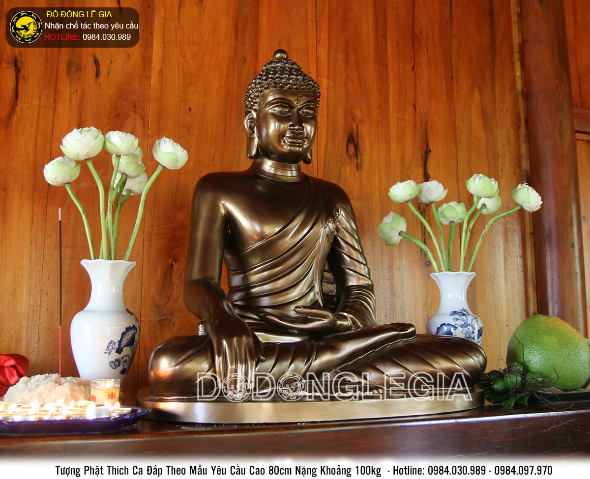 Tượng phật Thích ca bằng đồng vàng cao 80cm làm màu giả cổ