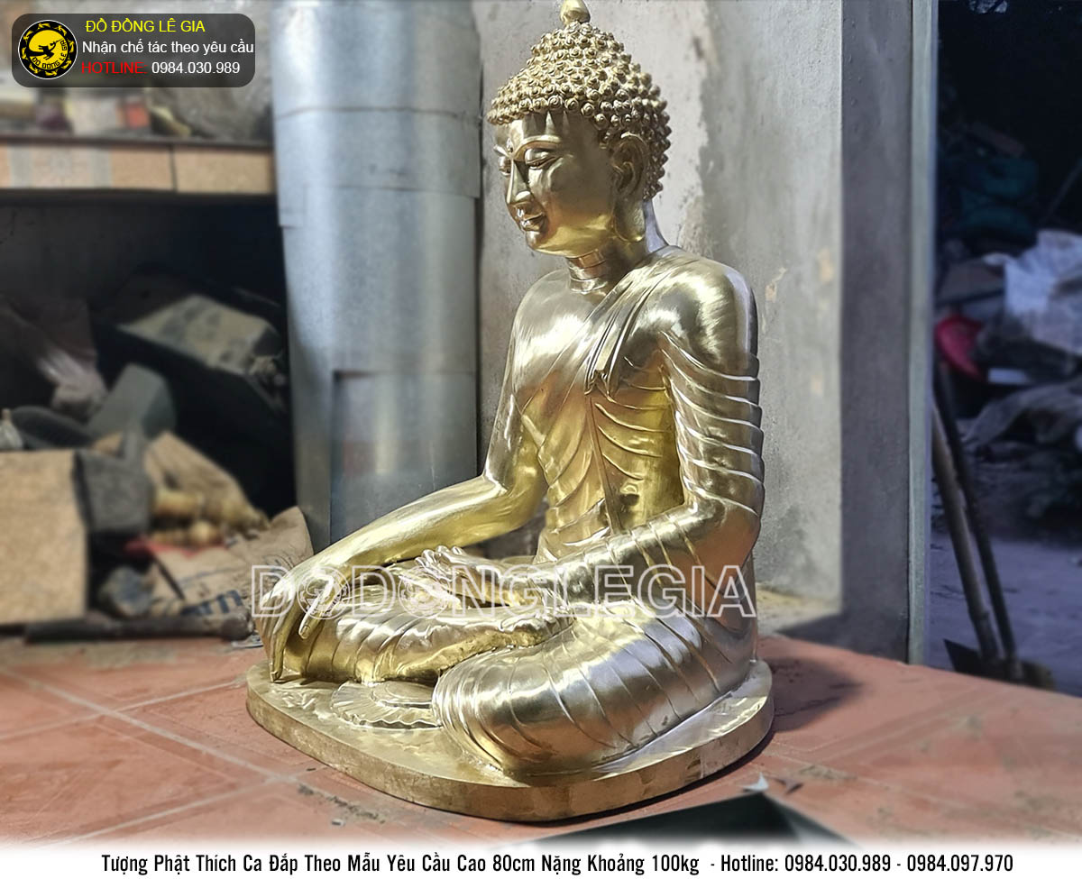 Tượng phật Thích ca bằng đồng vàng cao 80cm làm màu giả cổ
