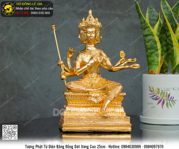Tượng Phật Tứ Diện cao 25cm dát vàng 9999