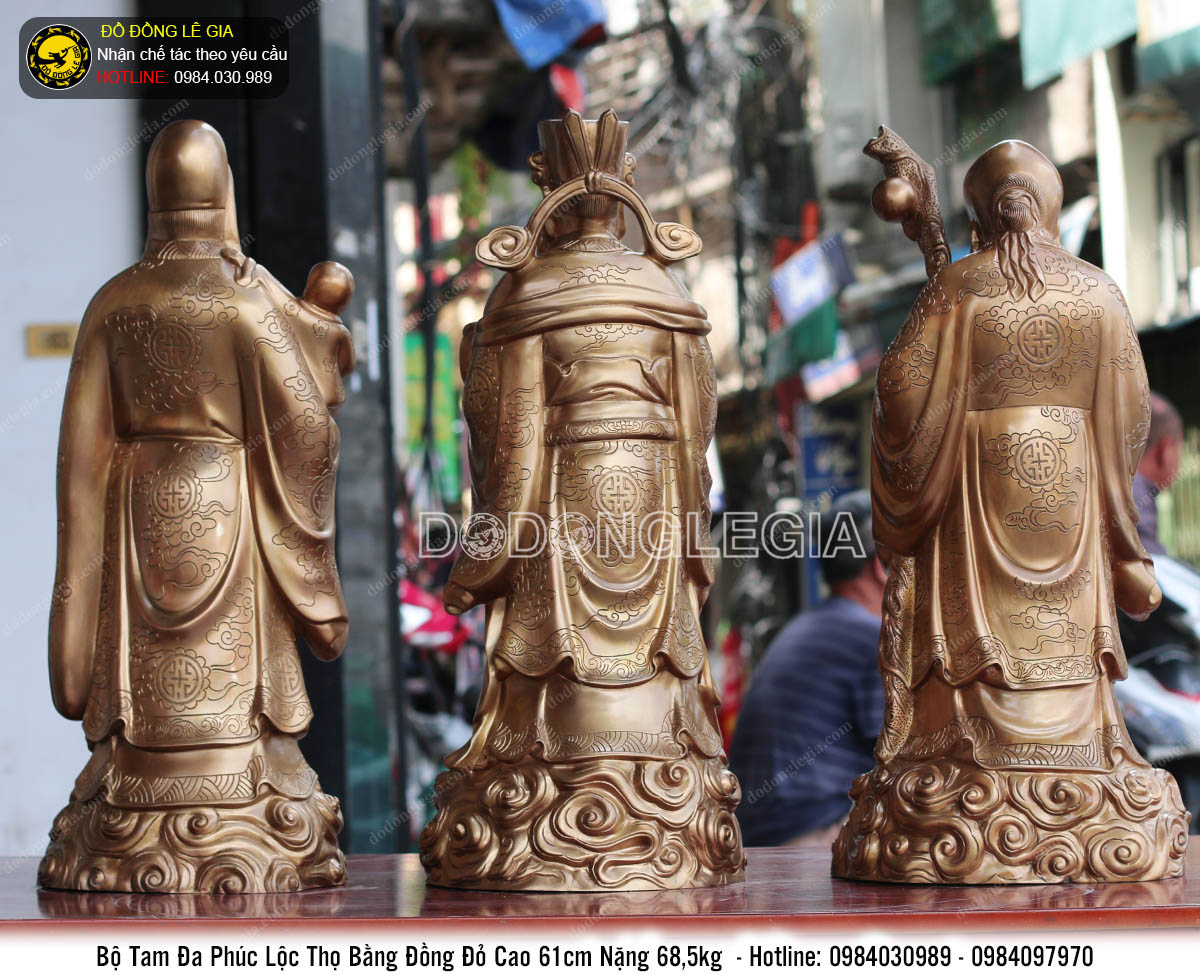 Bộ tượng Phúc Lộc Thọ bằng đồng đỏ cao 61cm