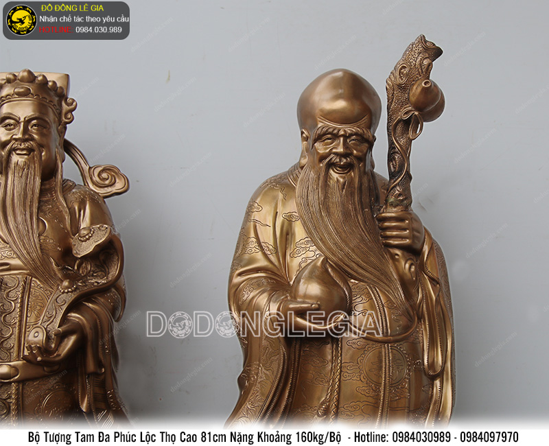 Bộ tượng tam đa Phúc Lộc Thọ bằng đồng đỏ cao 81cm