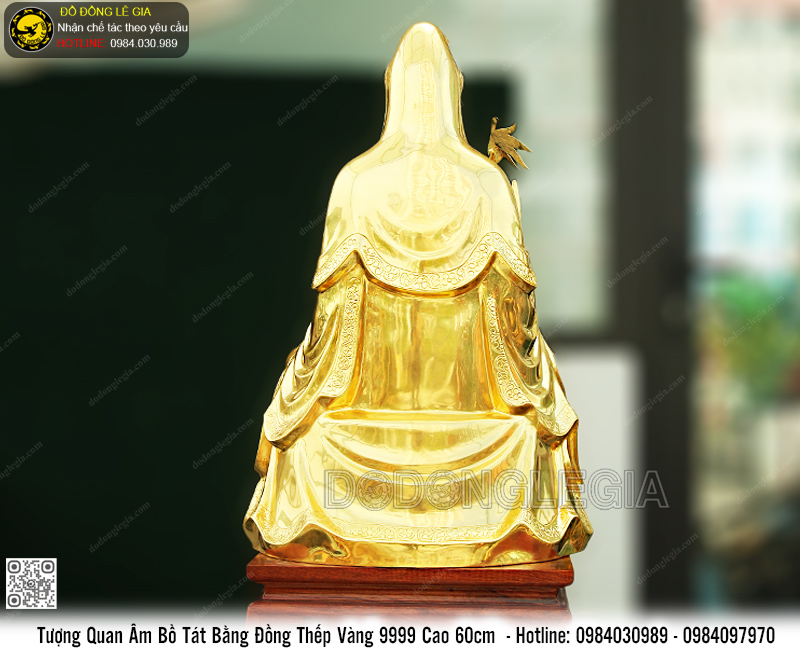 Tượng Phật Bà Quan Âm bằng đồng đỏ dát vàng 9999 cao 60cm