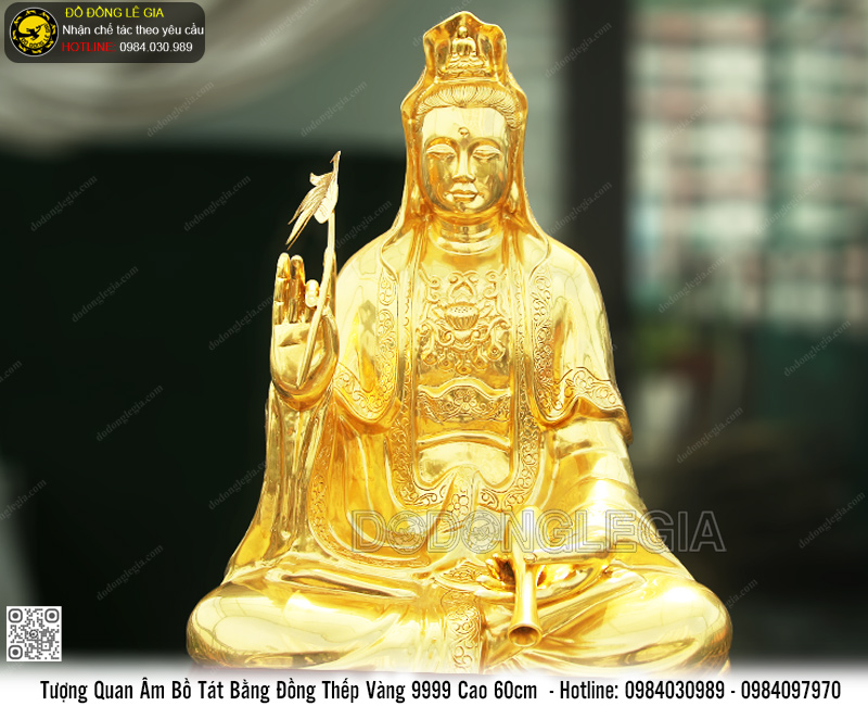 Tượng Phật Bà Quan Âm bằng đồng đỏ dát vàng 9999 cao 60cm