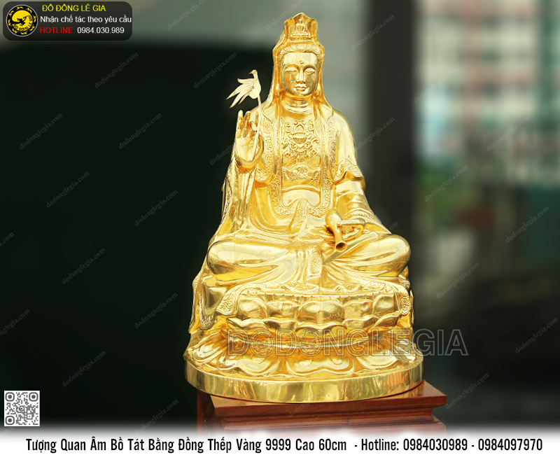 Tượng Phật Bà Quan Âm bằng đồng đỏ dát vàng 9999 cao 60cm