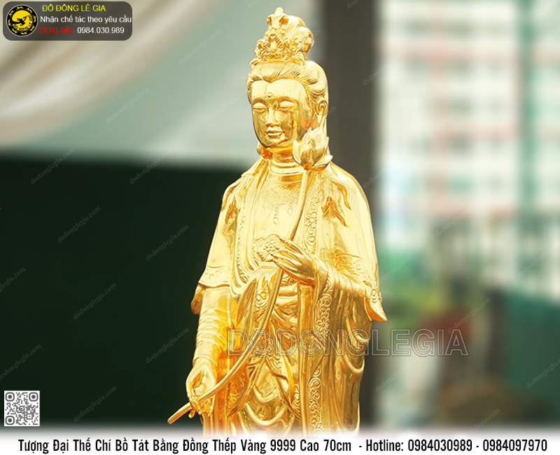 Tượng Phật Đại Thế Chí bằng đồng đỏ dát vàng 9999 cao 70cm