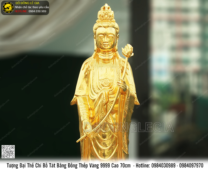 Tượng Phật Đại Thế Chí bằng đồng đỏ dát vàng 9999 cao 70cm