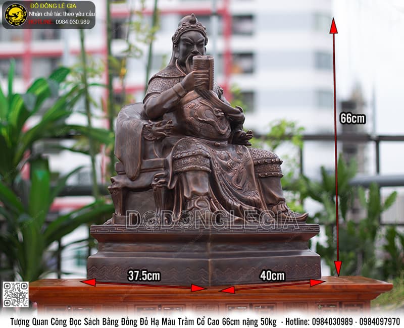 Tượng Quan Công Đọc Sách màu trầm cổ cao 66cm