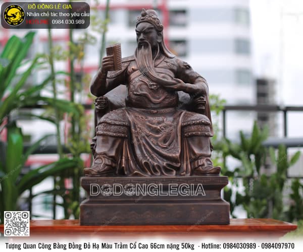 Tượng Quan Công Đọc Sách màu trầm cổ cao 66cm