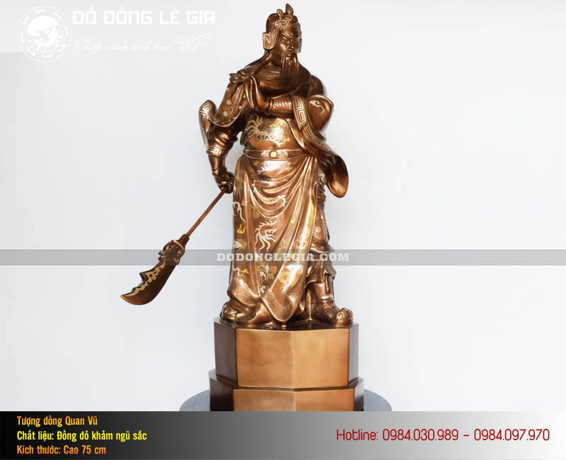 Tượng Quan Công Bằng Đồng Đỏ Khảm Ngũ Sắc Cao 75cm