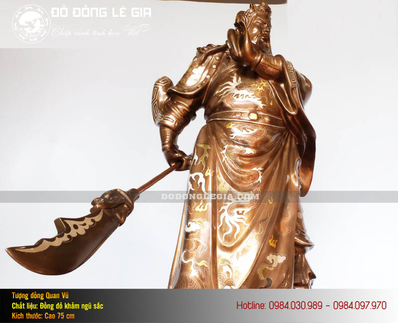 Tượng Quan Công Bằng Đồng Đỏ Khảm Ngũ Sắc Cao 75cm