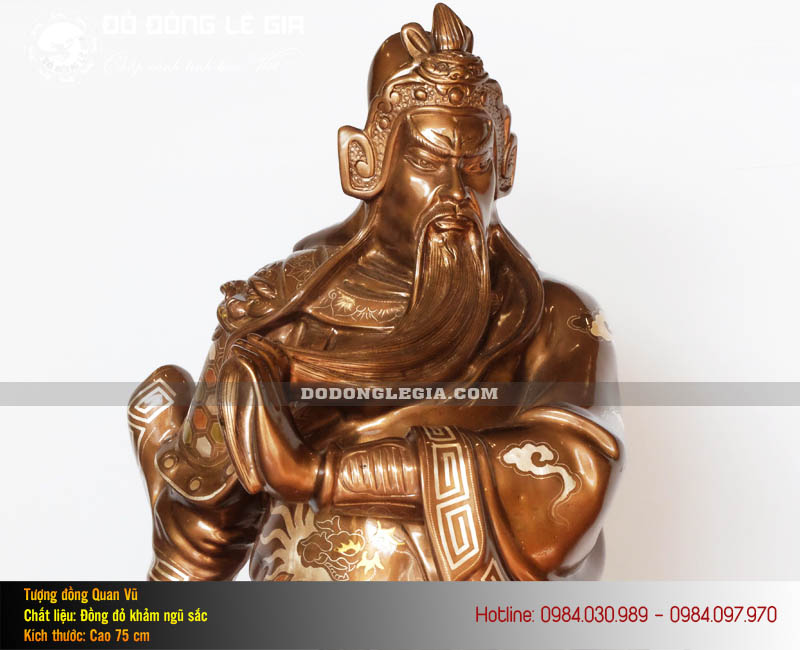Tượng Quan Công Bằng Đồng Đỏ Khảm Ngũ Sắc Cao 75cm