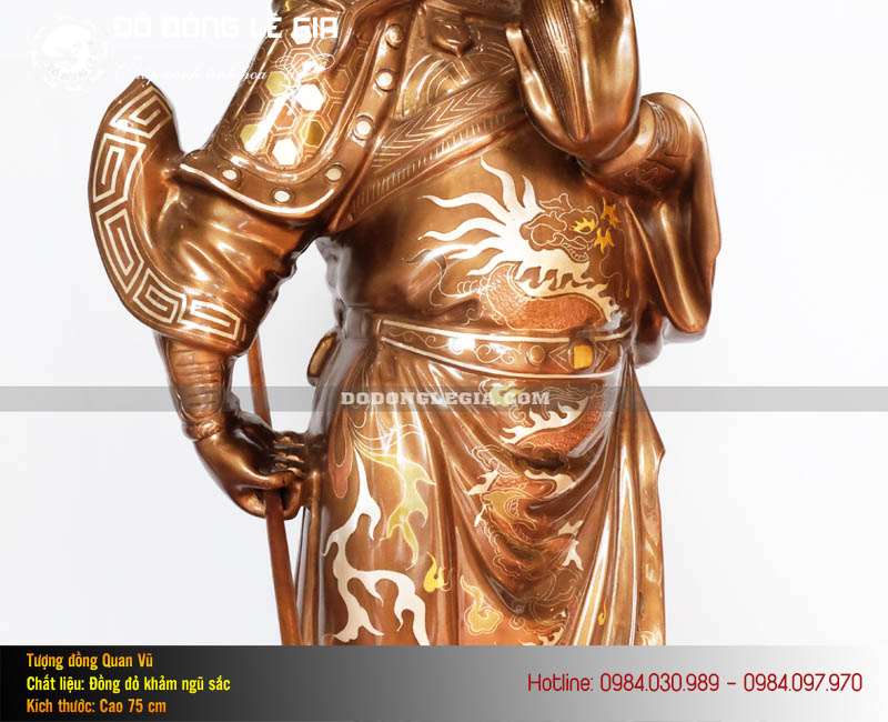 Tượng Quan Công Bằng Đồng Đỏ Khảm Ngũ Sắc Cao 75cm