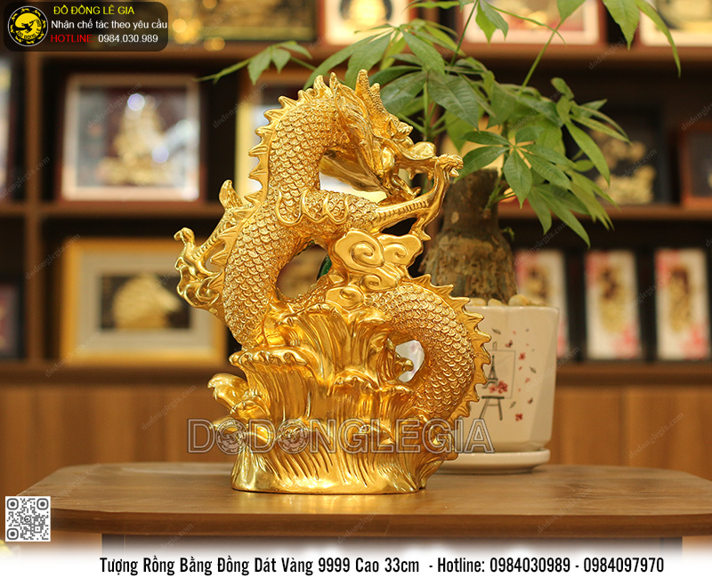 Tượng Rồng Nhả Ngọc bằng đồng dát vàng 9999 cao 33cm