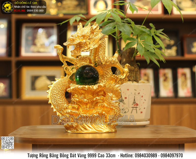 Tượng Rồng Nhả Ngọc bằng đồng dát vàng 9999 cao 33cm