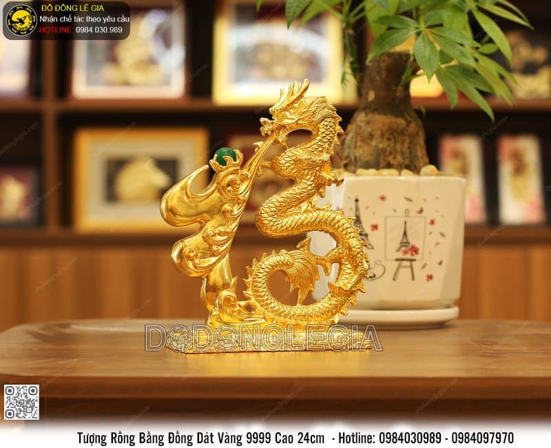 Tượng Rồng Chữ Phúc Phun Ngọc dát vàng 9999 cao 24cm