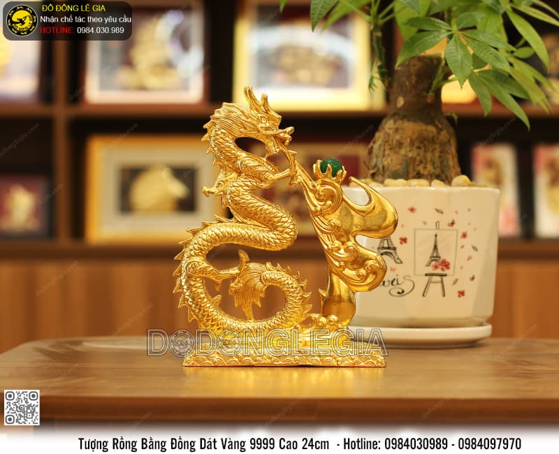 Tượng Rồng Chữ Phúc Phun Ngọc dát vàng 9999 cao 24cm