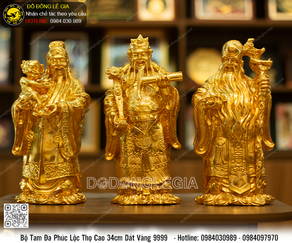 Bộ Tượng Tam Đa Phúc Lộc Thọ dát vàng 9999 cao 34cm