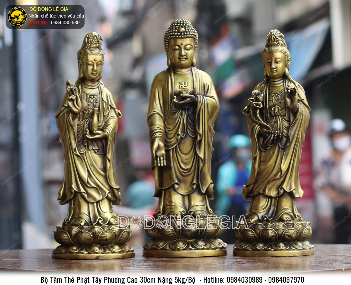 Bộ tượng đồng Tâm Thế Phật Tây Phương cao 30cm nặng 5kg