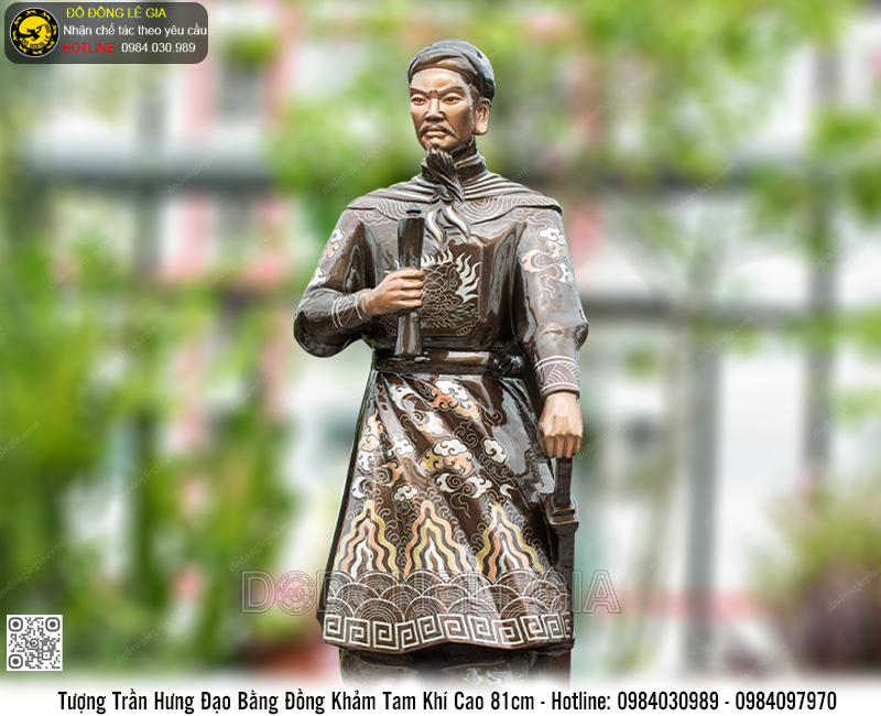 Tượng Trần Hưng Đạo cao 81cm bằng đồng đỏ khảm tam khí