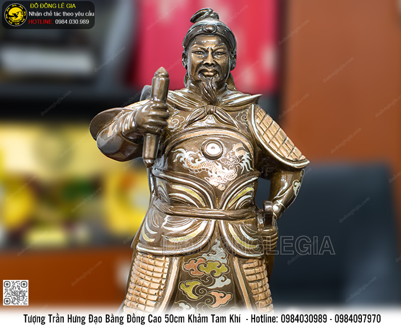Tượng Trần Hưng Đạo Bằng Đồng Khảm Tam Khí Cao 50cm