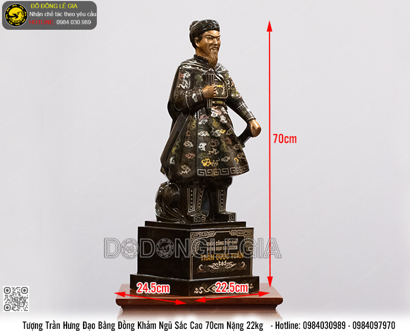 Tượng Trần Hưng Đạo Bằng Đồng Khảm Ngũ Sắc Cao 70cm