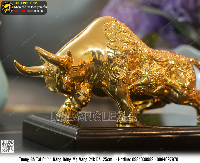 Tượng Bò Tài Chính Bằng Đồng Mạ Vàng 24k Dài 25cm