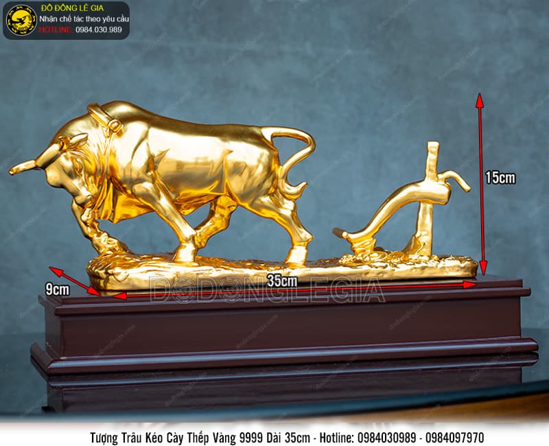 Tượng Trâu Kéo Cày thếp vàng 9999 dài 35cm