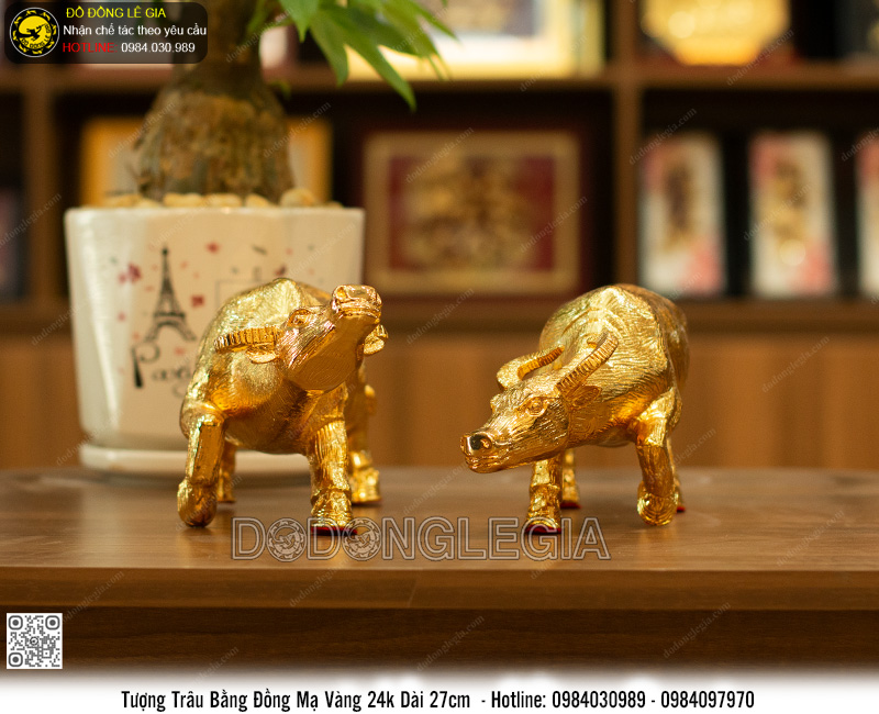 Tượng Đôi Trâu Xanh Giả Cổ mạ vàng 24k dài 27cm