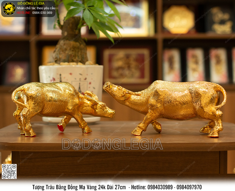 Tượng Đôi Trâu Xanh Giả Cổ mạ vàng 24k dài 27cm