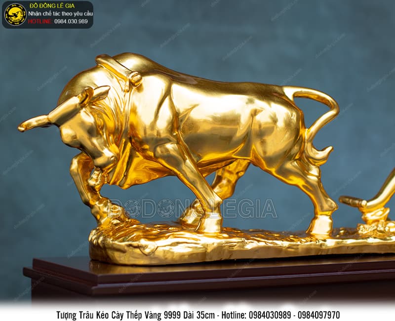Tượng Trâu Kéo Cày thếp vàng 9999 dài 35cm