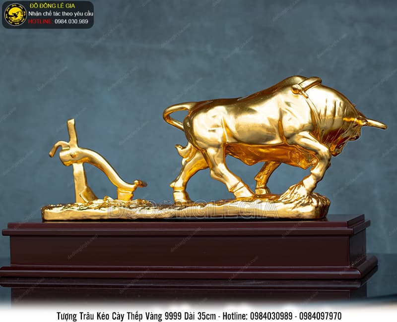 Tượng Trâu Kéo Cày thếp vàng 9999 dài 35cm