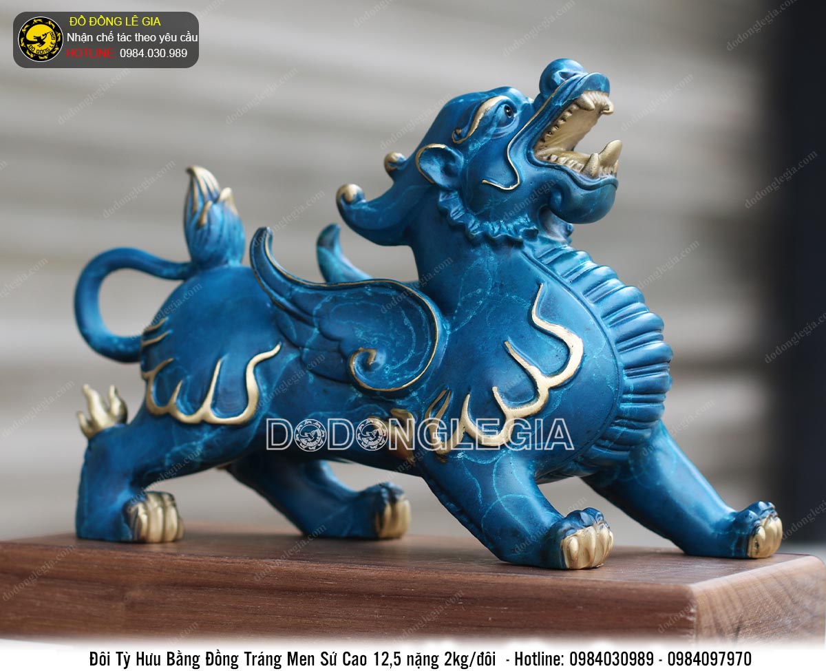 Đôi tỳ hưu bằng đồng tráng men sứ cao cấp dài 18cm